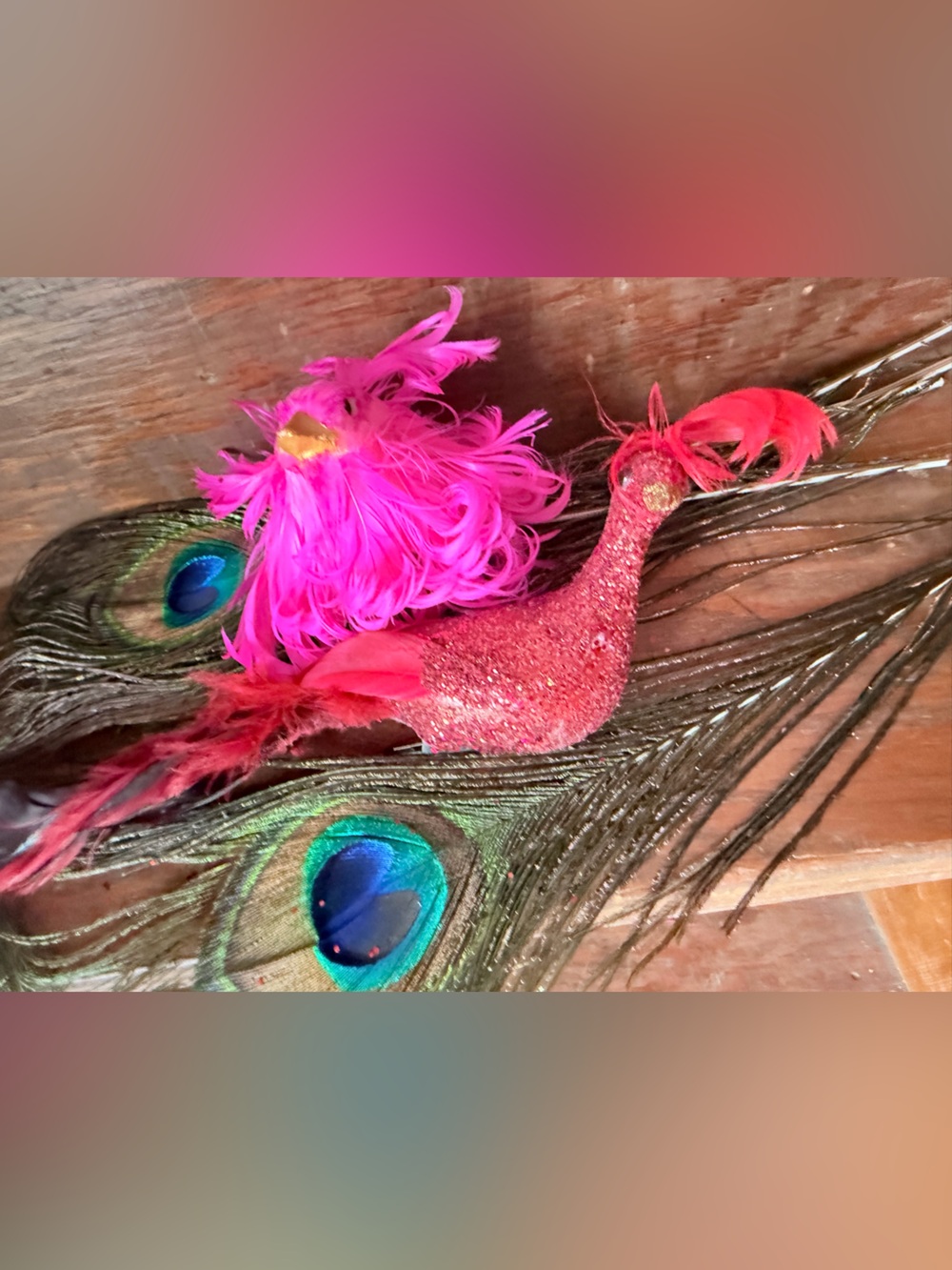 Gorgeous Fun Pink and Red Glittery Feathered Bird Ornaments - Holiday Décor